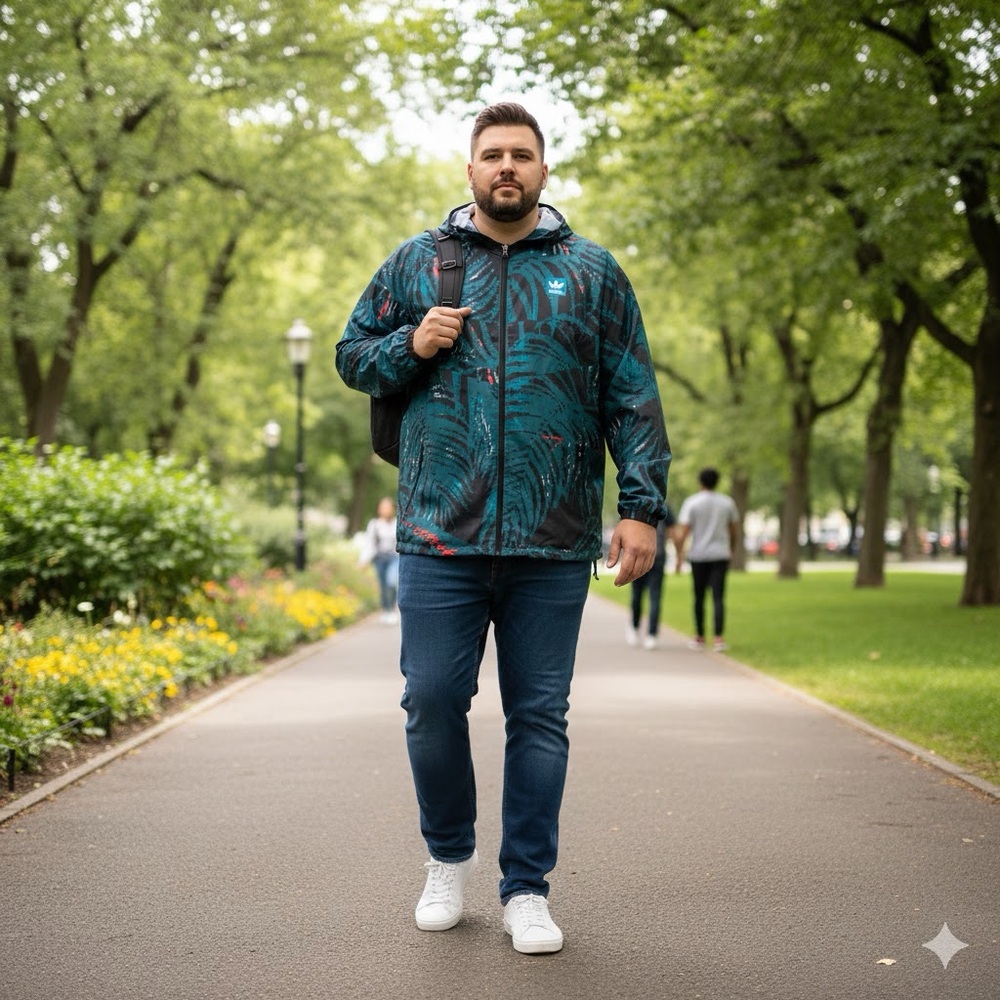NWT Men’s 2XL Adidas Black and Teal Patterned Windbreaker Athleisure